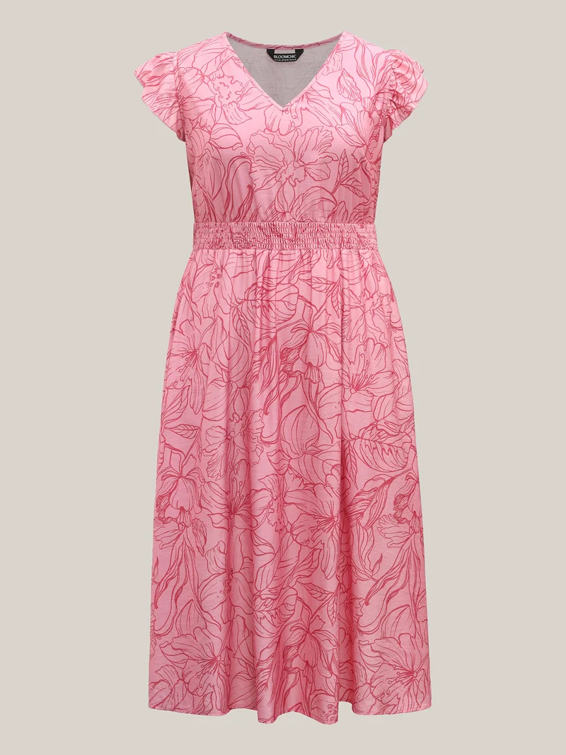 Floral Lines Cinched-Waist Pockets Midi Dress