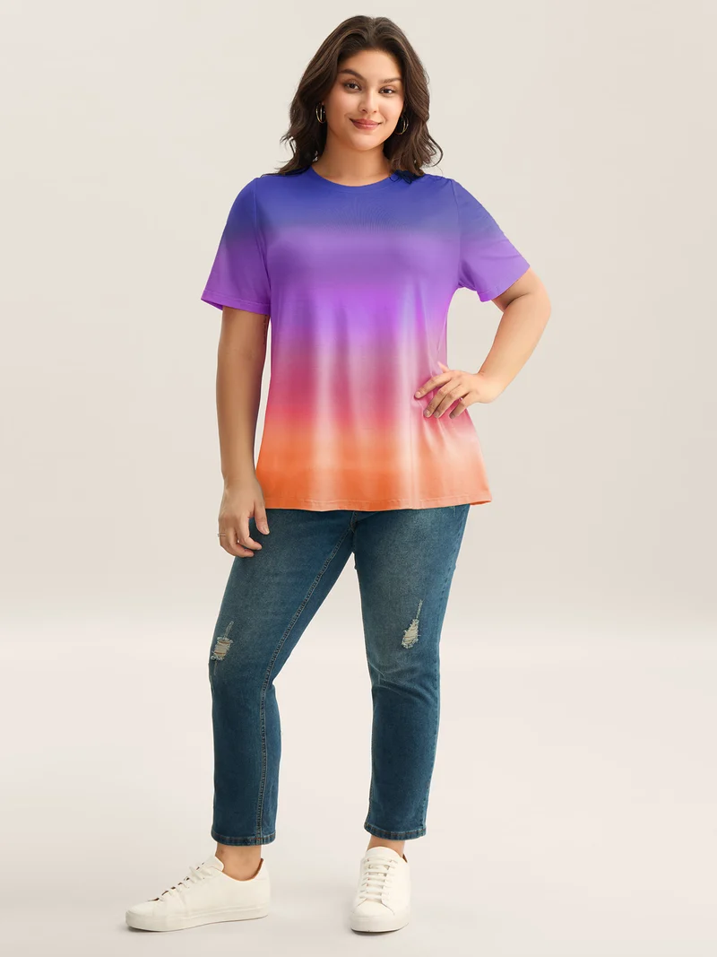 Ombre Gradient Crew Neck Curvy T-Shirt