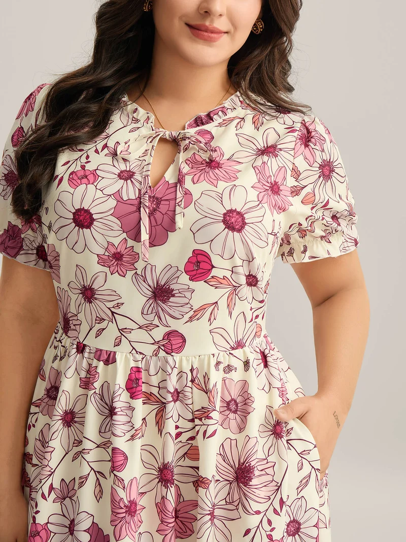 Floral Print Neck Tie Tiered Maxi Dress