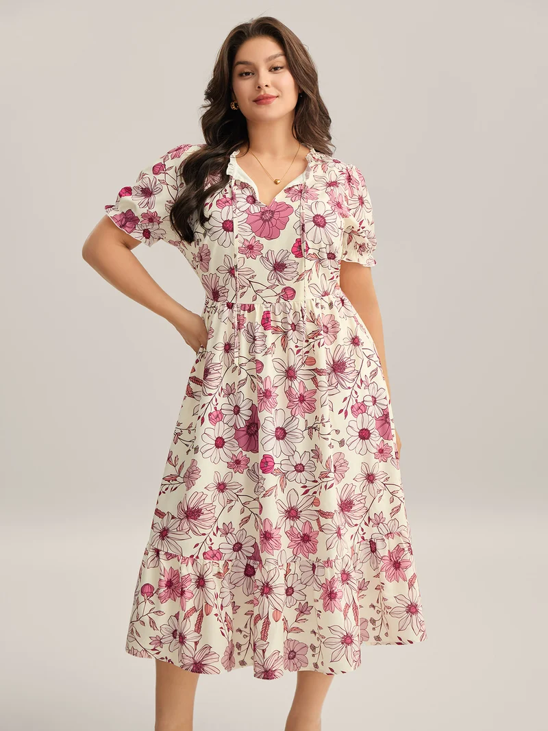 Floral Print Neck Tie Tiered Maxi Dress