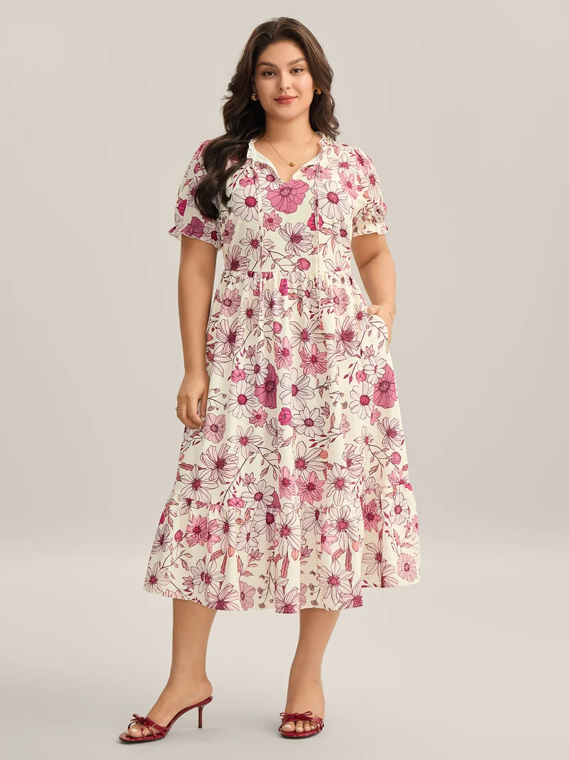 Floral Print Neck Tie Tiered Maxi Dress