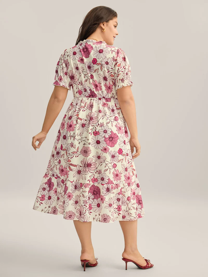 Floral Print Neck Tie Tiered Maxi Dress