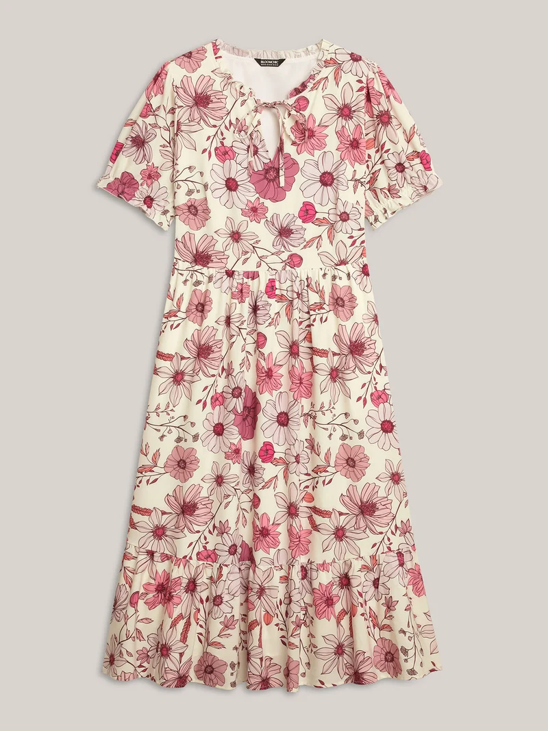 Floral Print Neck Tie Tiered Maxi Dress