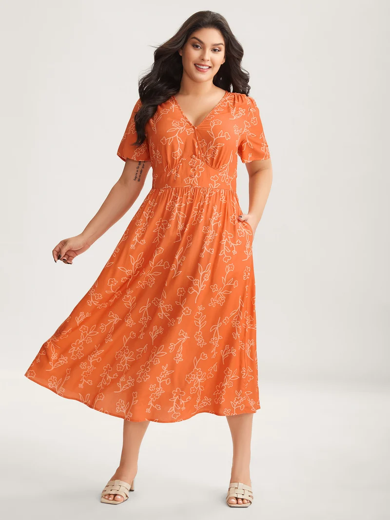Rayon Silhouette Floral Print Midi Dress