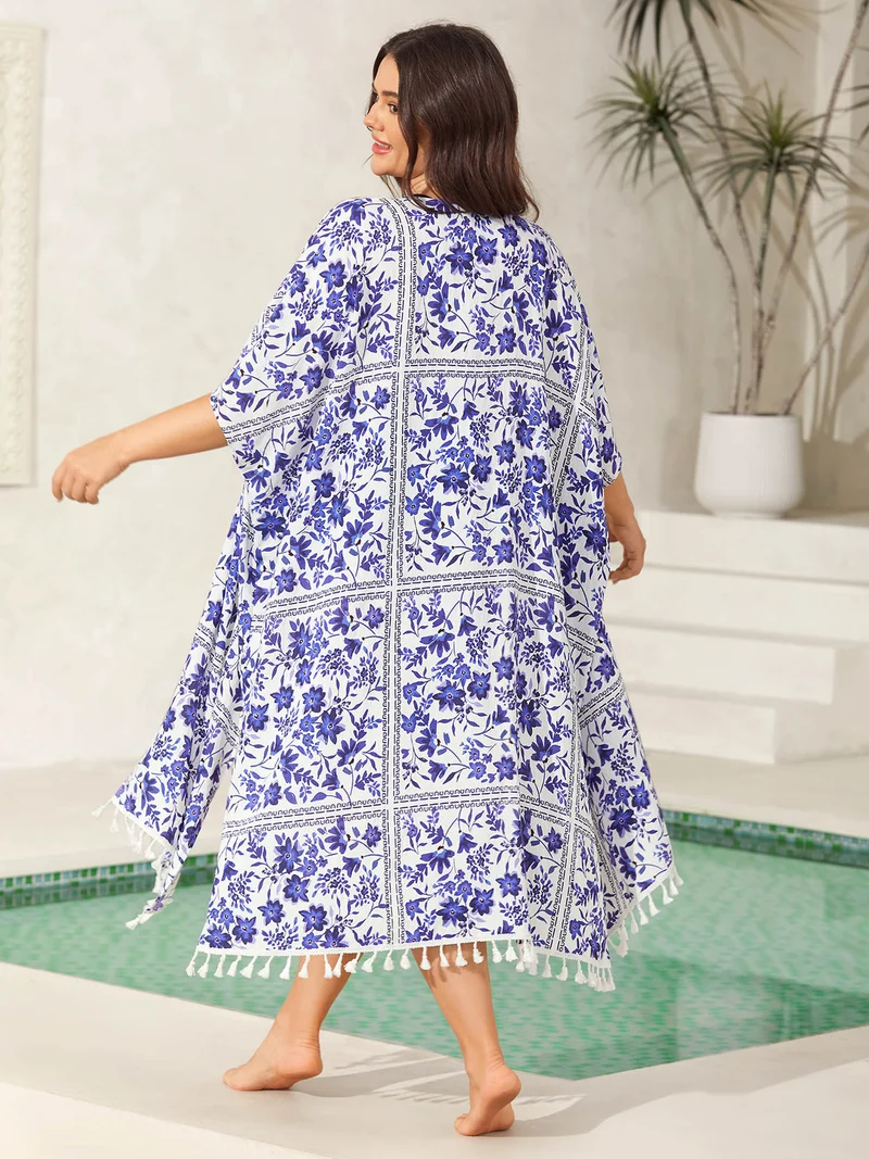 Floral Print Lace Tassels Slit Kimono