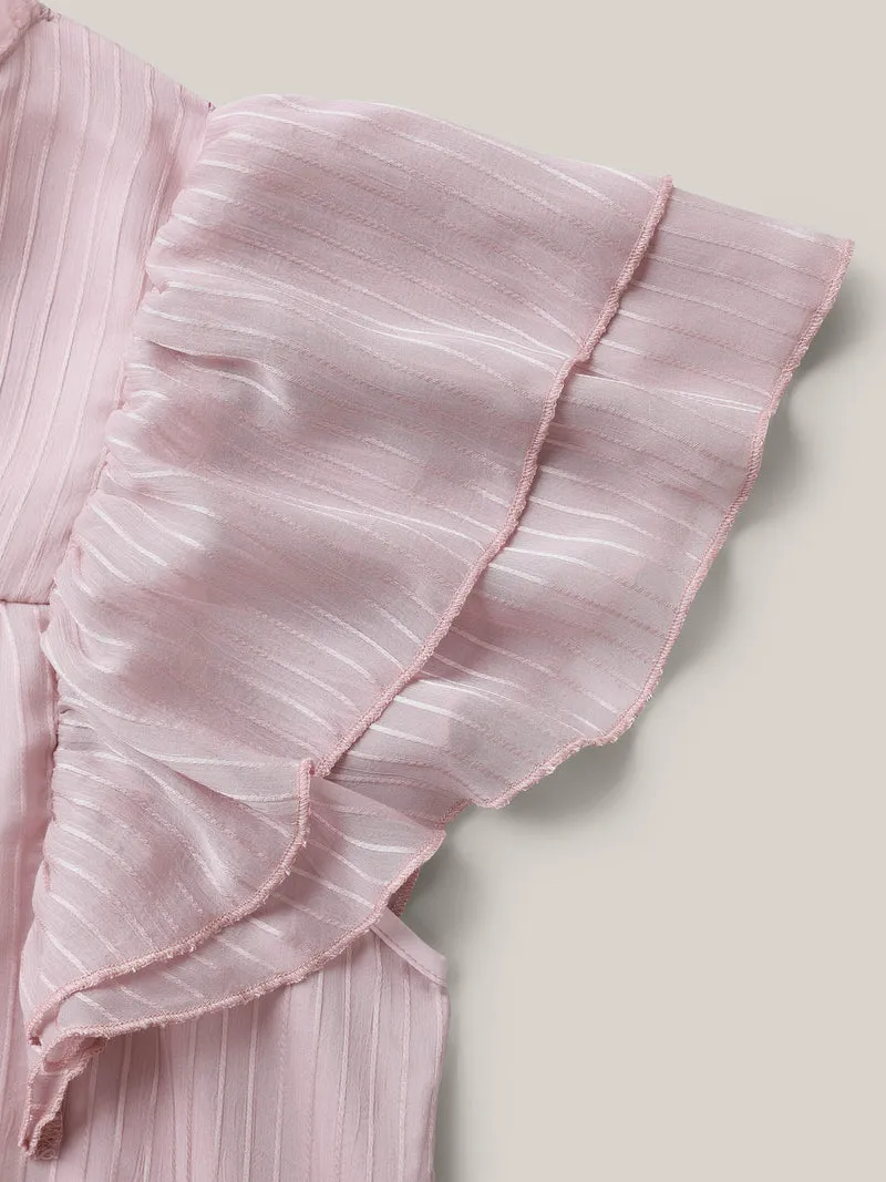 Sheer Textured Layered Ruffled Sleeve Midi Dress