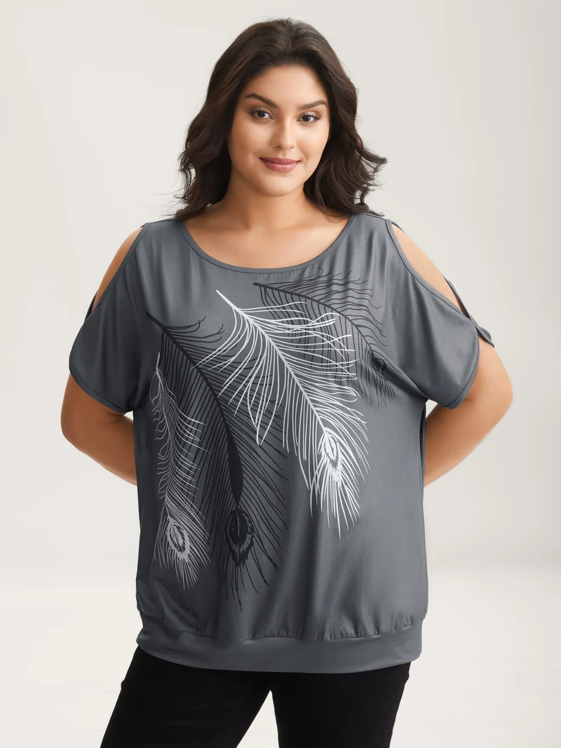 Stretchy Feather Print Cut-Out Sleeve T-Shirt