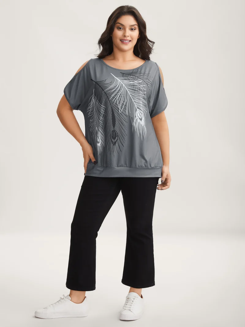 Stretchy Feather Print Cut-Out Sleeve T-Shirt