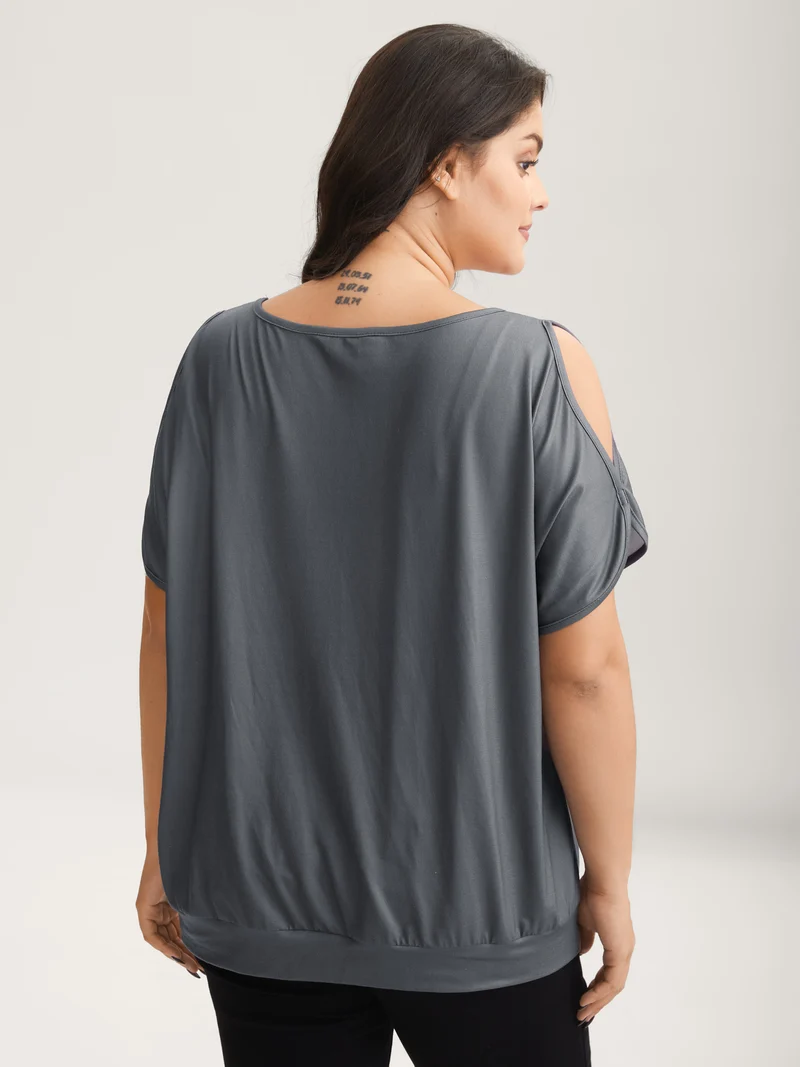 Stretchy Feather Print Cut-Out Sleeve T-Shirt