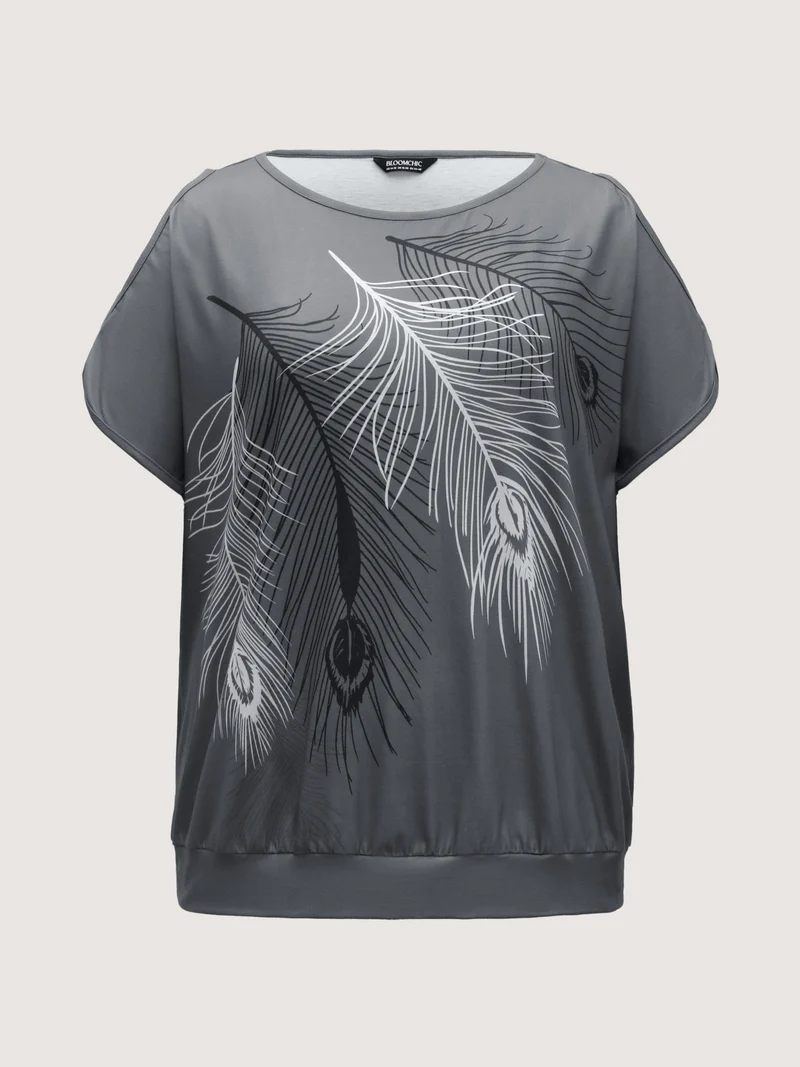 Stretchy Feather Print Cut-Out Sleeve T-Shirt