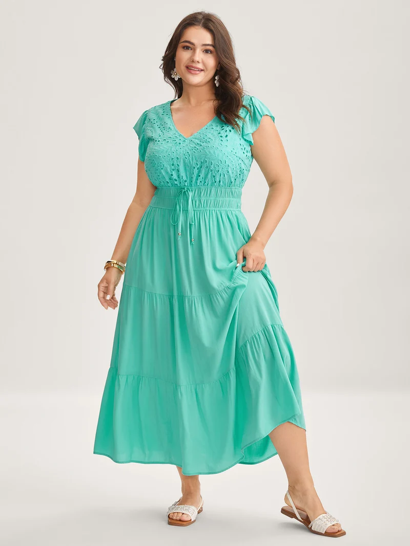 Cotton Embroidered Tie Pockets Midi Dress