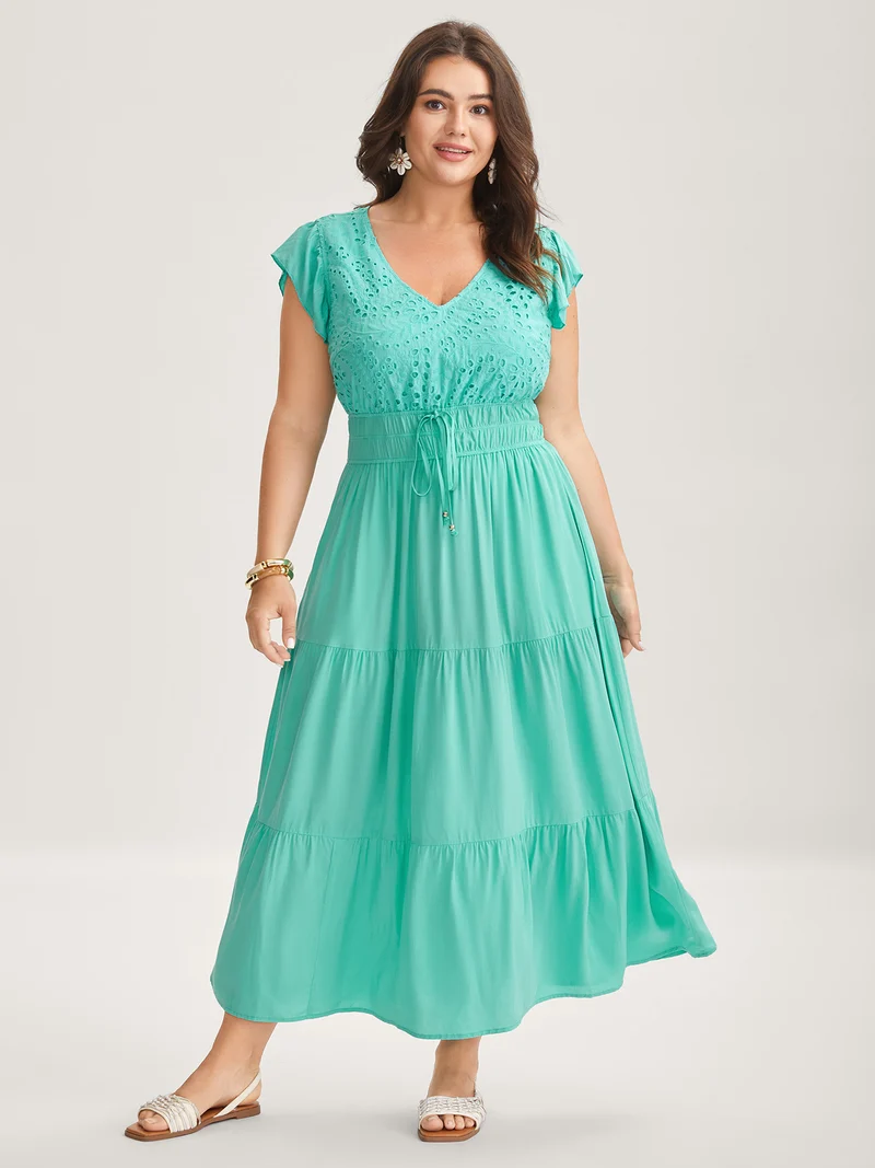 Cotton Embroidered Tie Pockets Midi Dress
