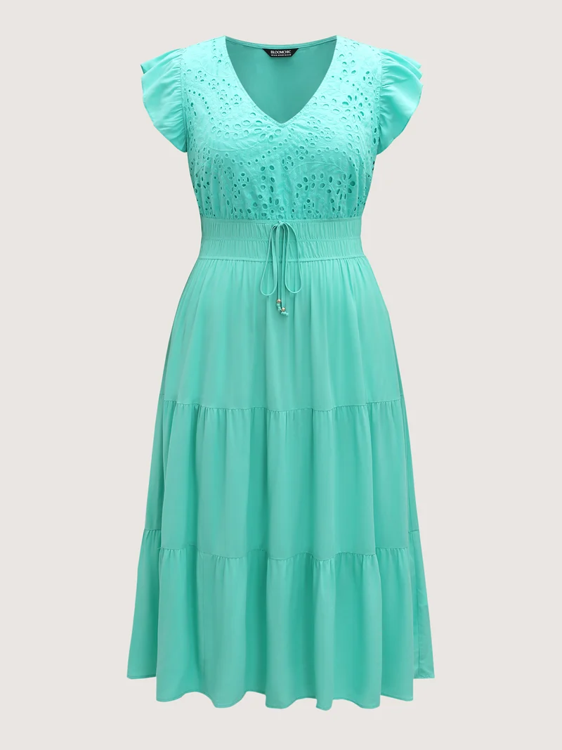 Cotton Embroidered Tie Pockets Midi Dress