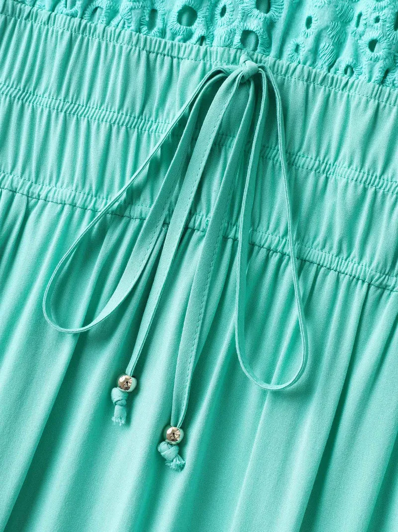 Cotton Embroidered Tie Pockets Midi Dress