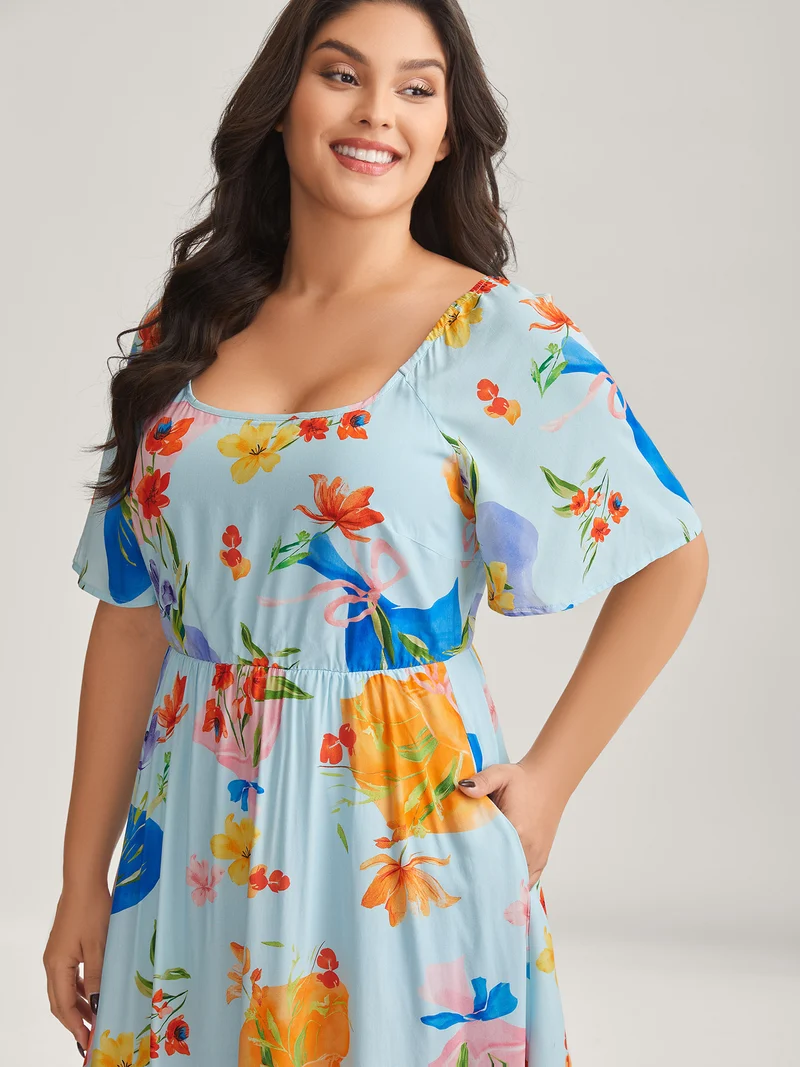 Rayon Floral Print Pockets Midi Dress
