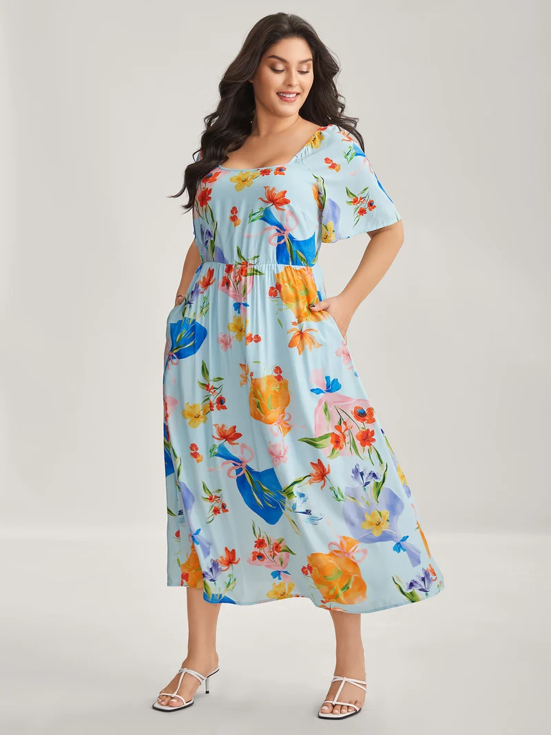 Rayon Floral Print Pockets Midi Dress