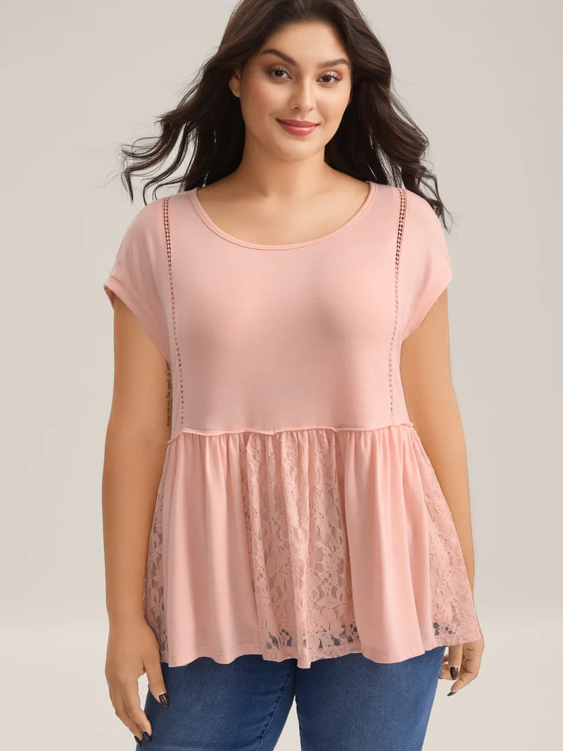 Lace Trim Spliced Solid T-Shirt