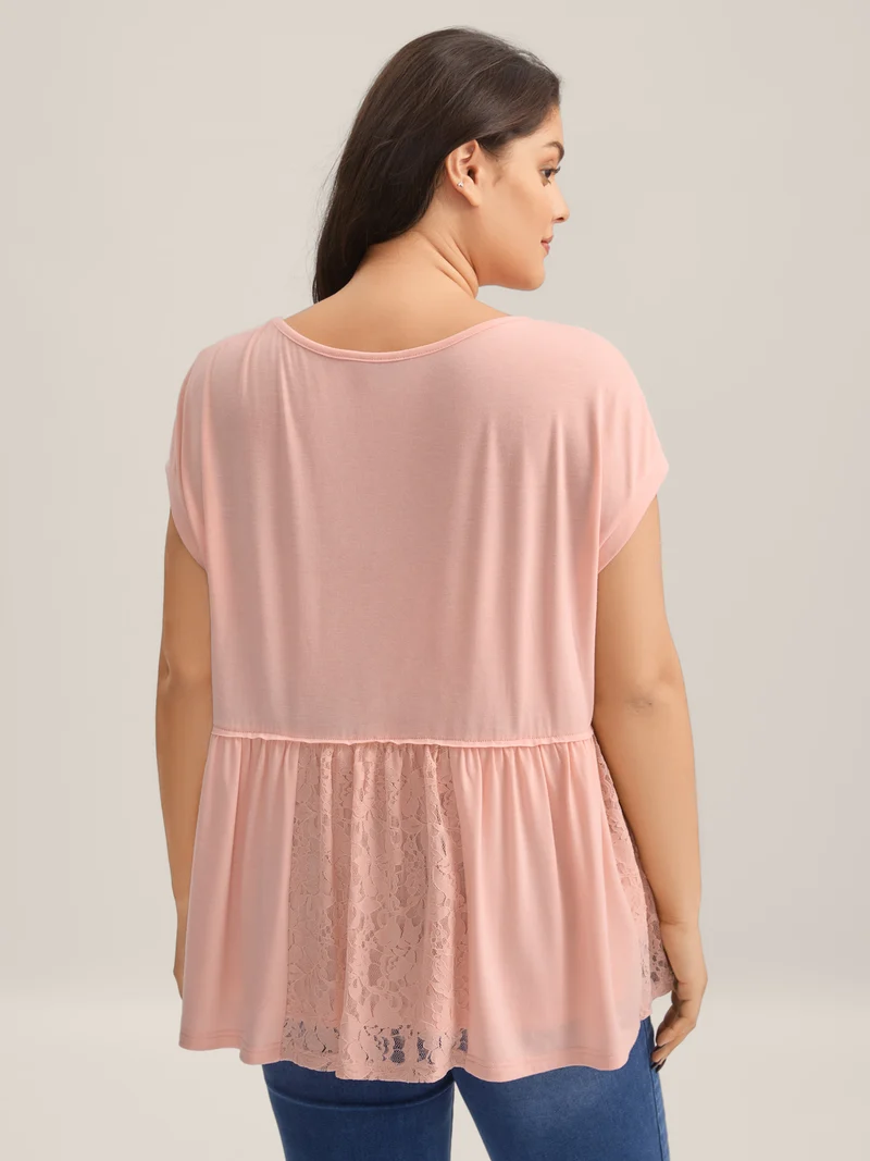 Lace Trim Spliced Solid T-Shirt