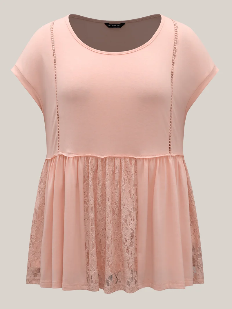 Lace Trim Spliced Solid T-Shirt