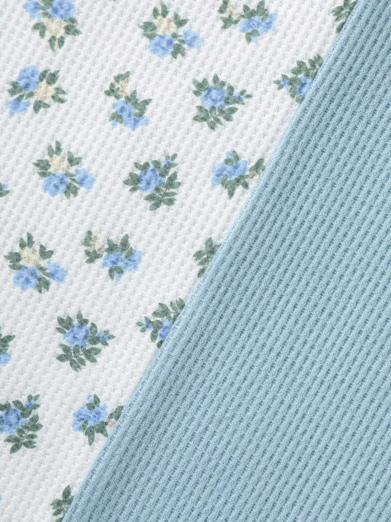 Waffle Grid Floral V-Neck T-Shirt