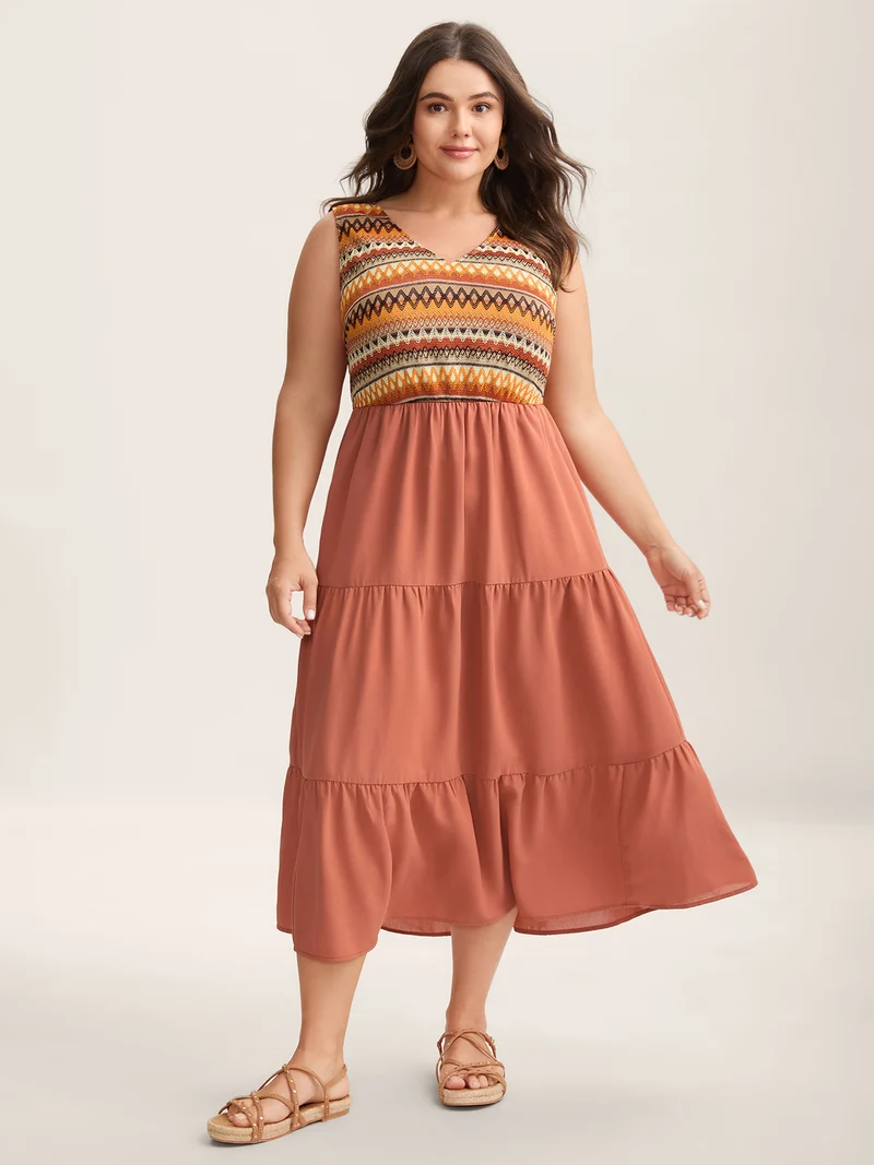 Boho Stripes V-Neck Pockets Midi Dress