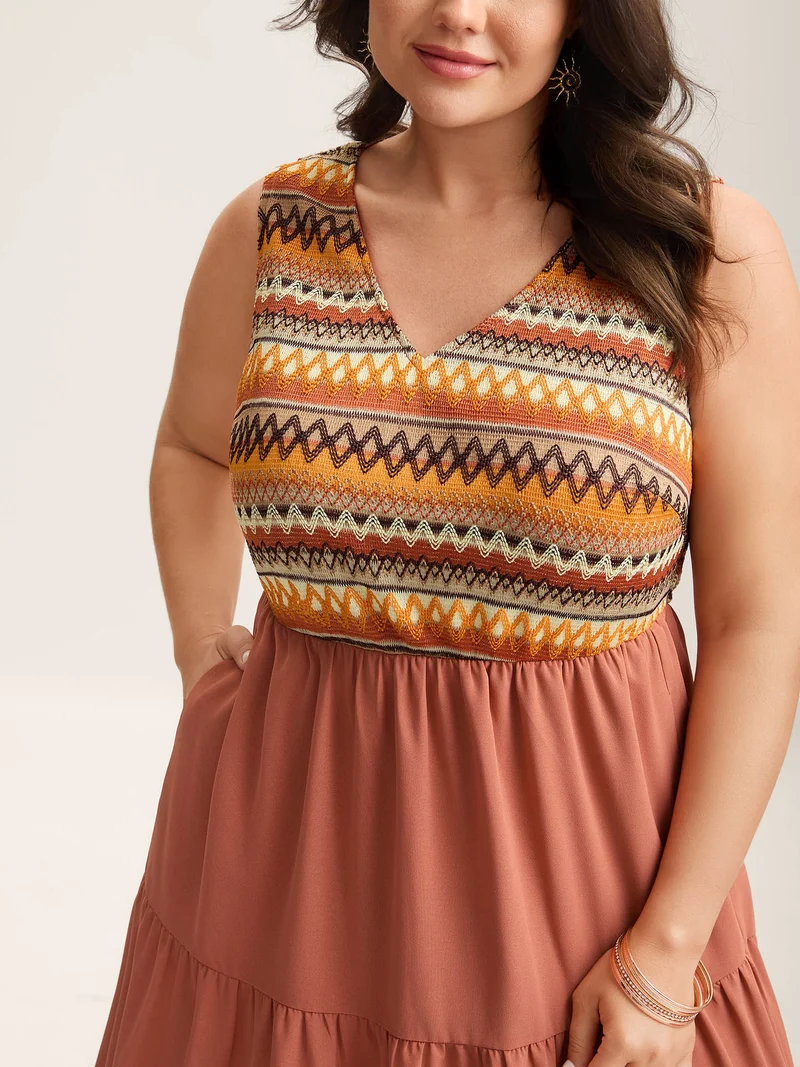 Boho Stripes V-Neck Pockets Midi Dress