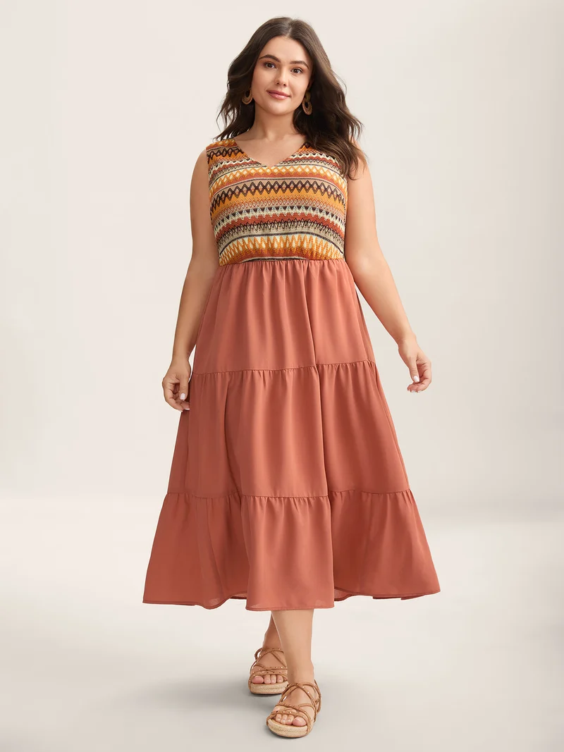 Boho Stripes V-Neck Pockets Midi Dress