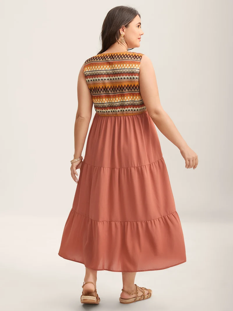 Boho Stripes V-Neck Pockets Midi Dress