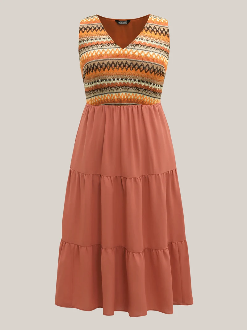 Boho Stripes V-Neck Pockets Midi Dress