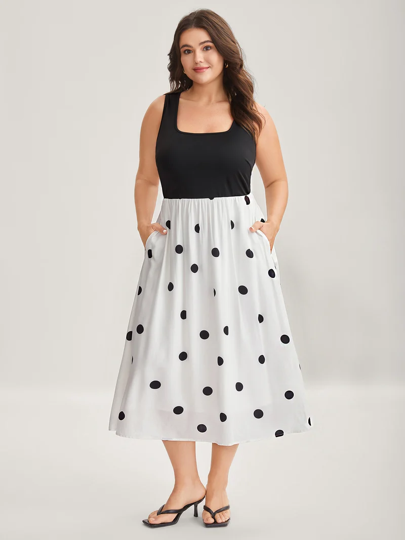 Polka Dots Stretchy Waist Pockets Midi Dress