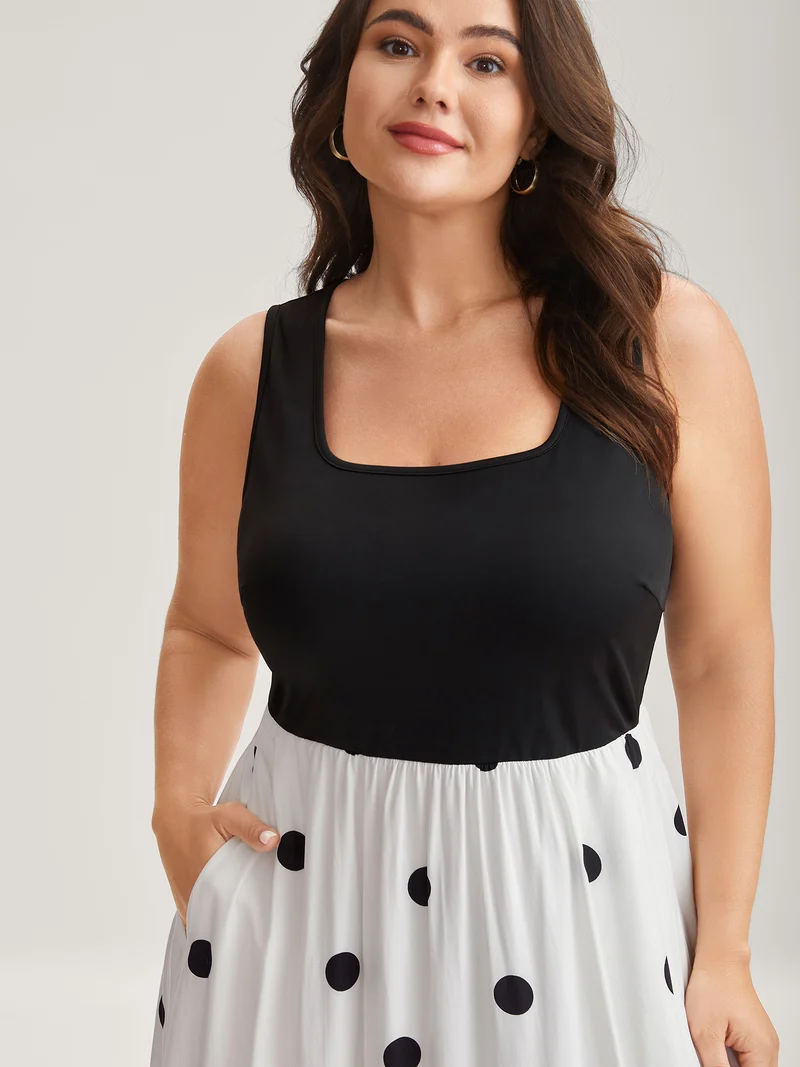 Polka Dots Stretchy Waist Pockets Midi Dress