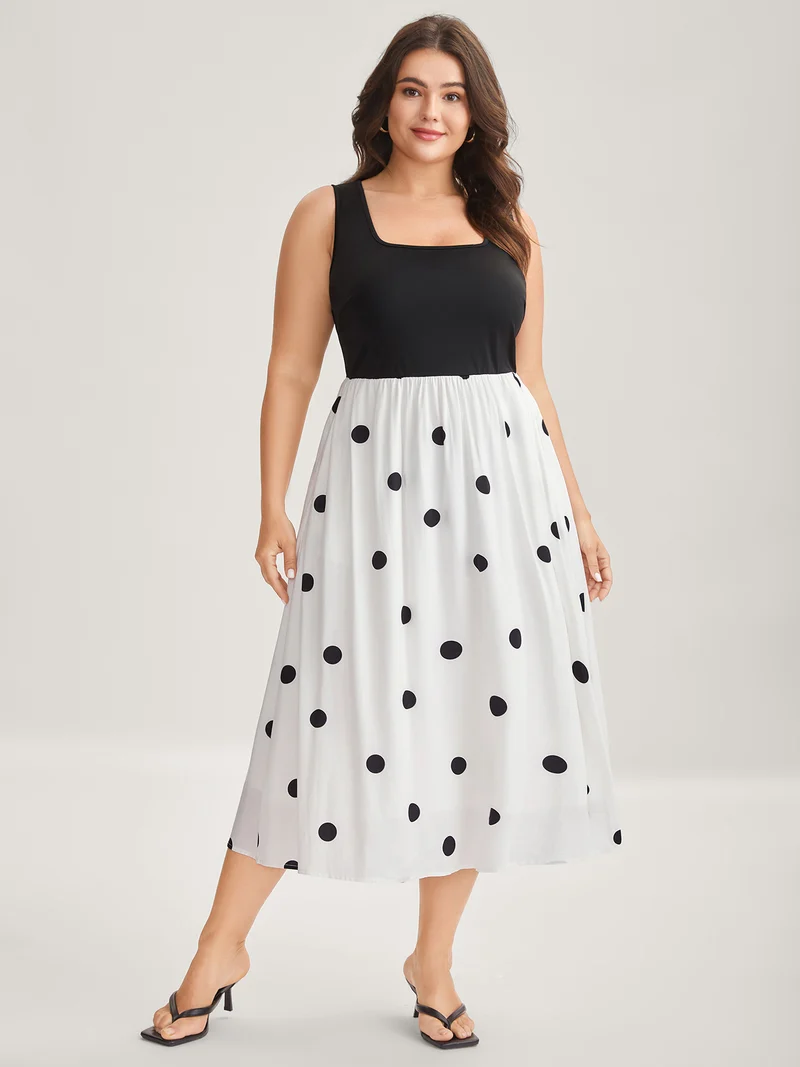 Polka Dots Stretchy Waist Pockets Midi Dress