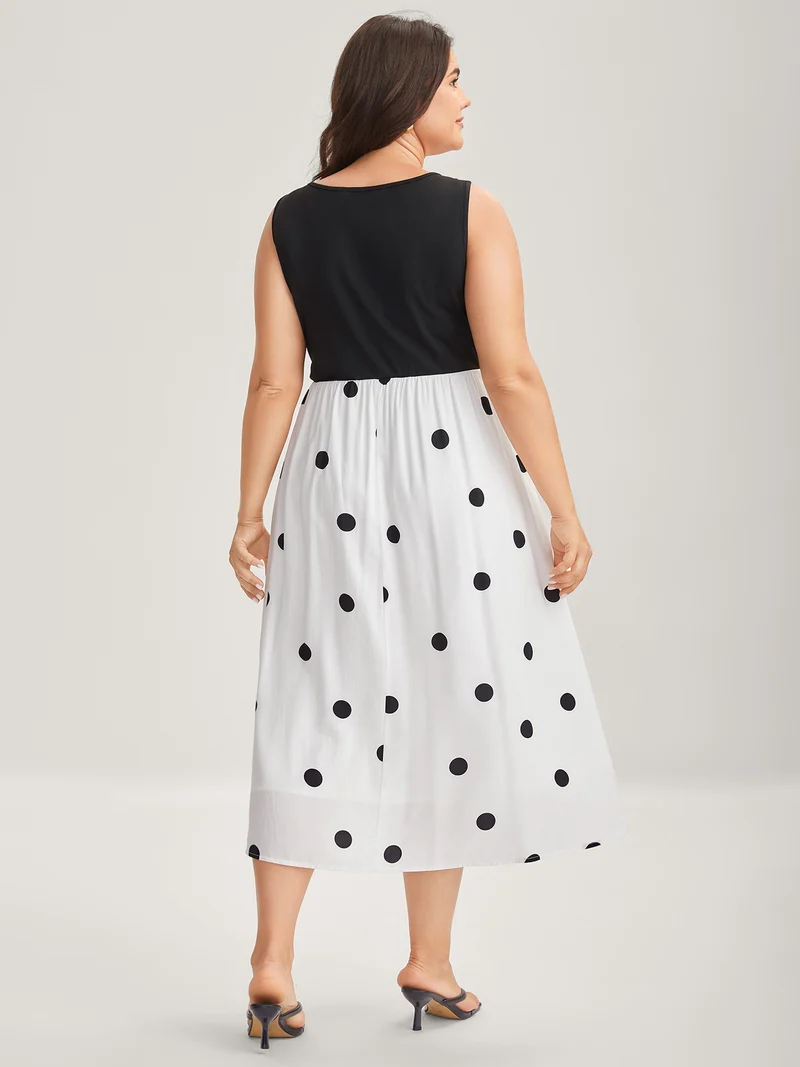 Polka Dots Stretchy Waist Pockets Midi Dress