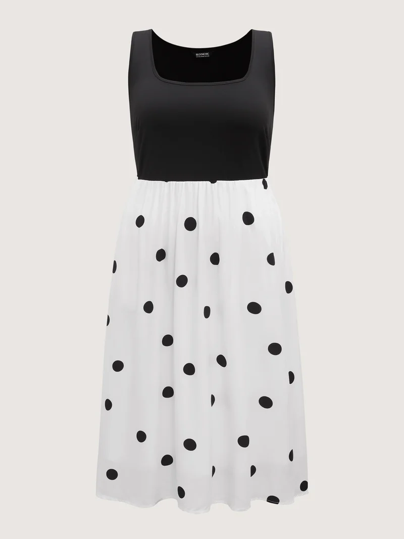 Polka Dots Stretchy Waist Pockets Midi Dress