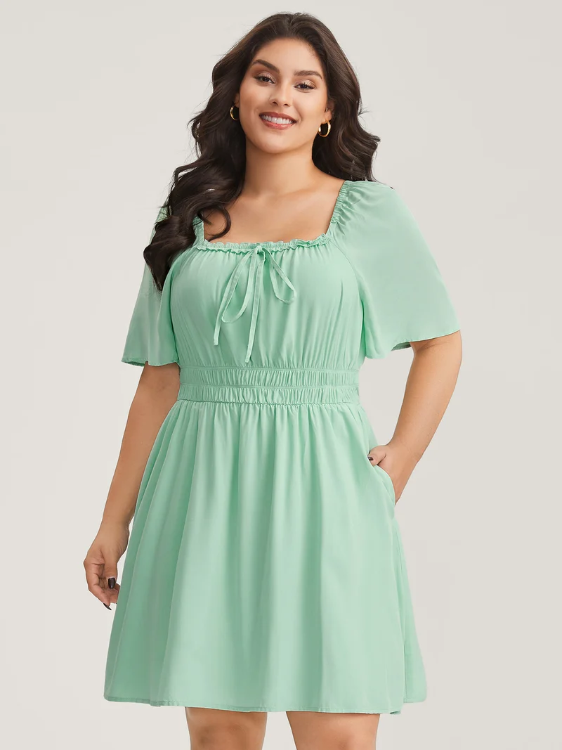 Rayon Stretchy Waist Pockets Knee Dress
