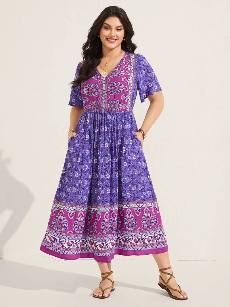 Rayon Floral Print Color Contrast Midi Dress