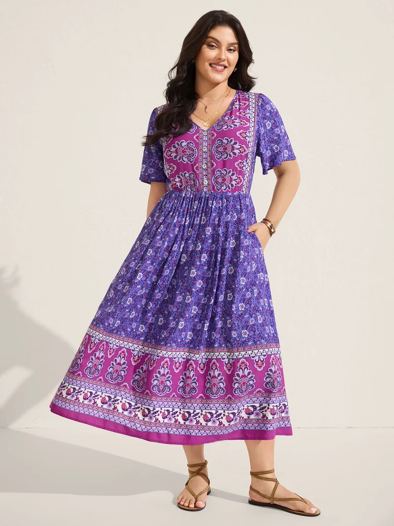 Rayon Floral Print Color Contrast Midi Dress
