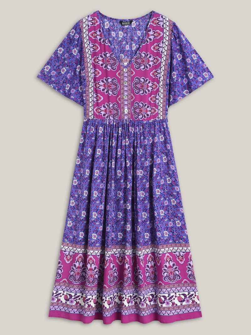 Rayon Floral Print Color Contrast Midi Dress