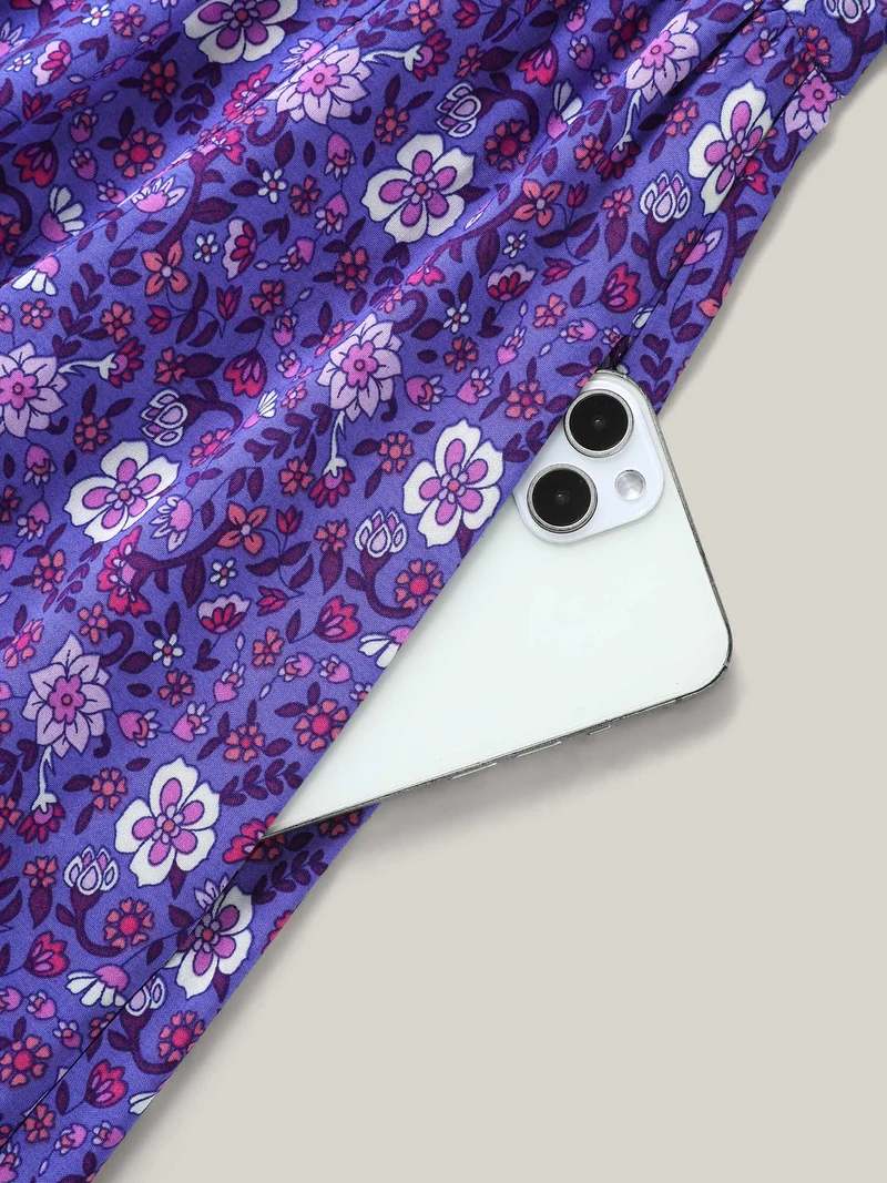 Rayon Floral Print Color Contrast Midi Dress