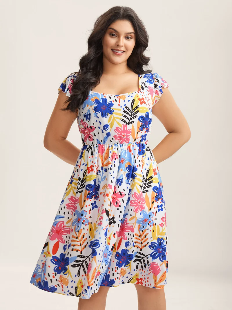 Rayon Fun Floral Print Ruffled Sleeve Midi Dress
