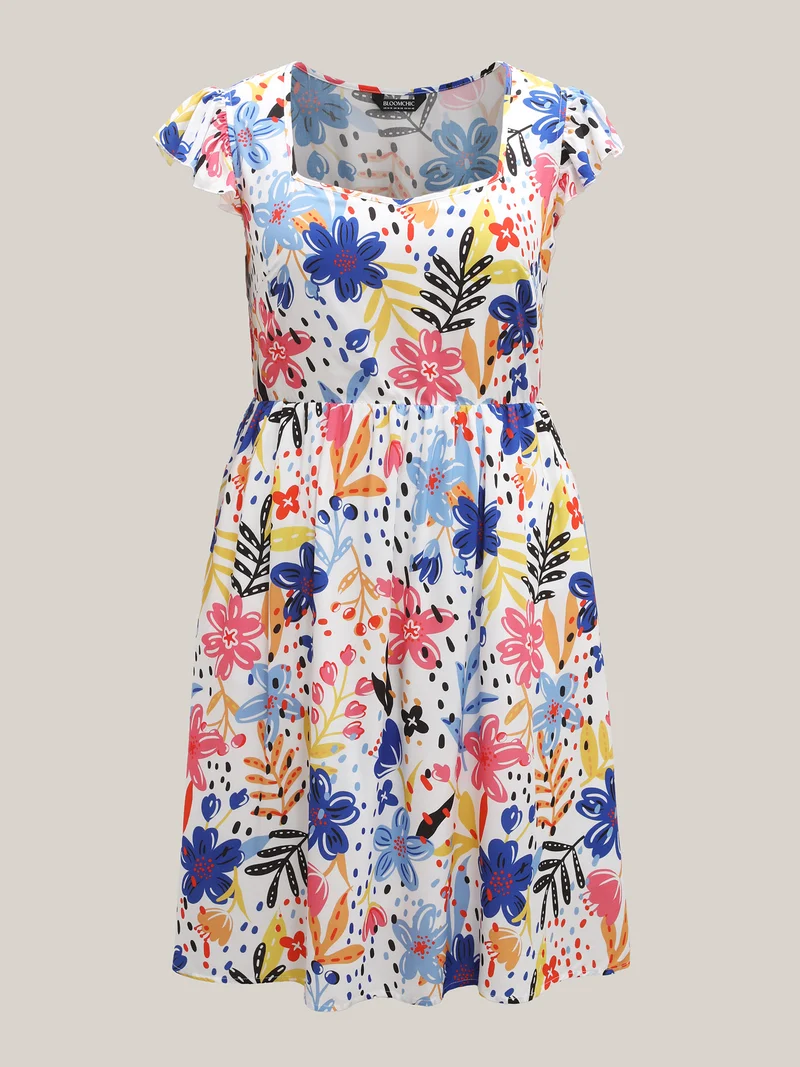 Rayon Fun Floral Print Ruffled Sleeve Midi Dress