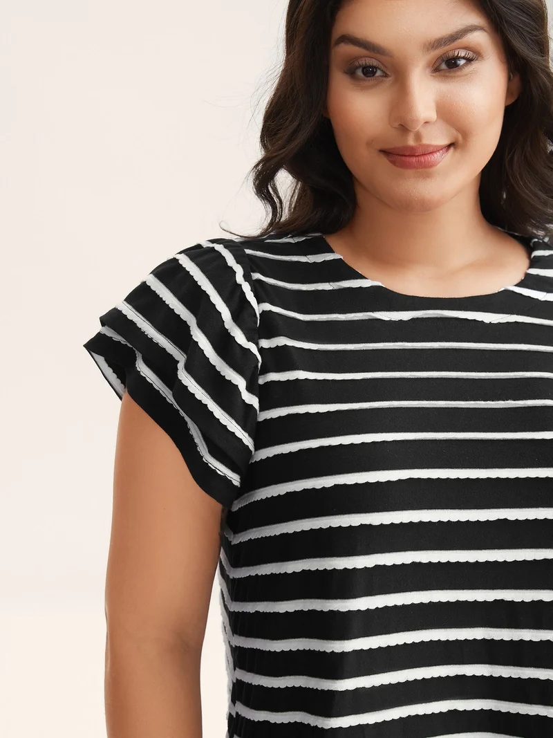 Stripe Textured Lotus Leaf Sleeve T-Shirt