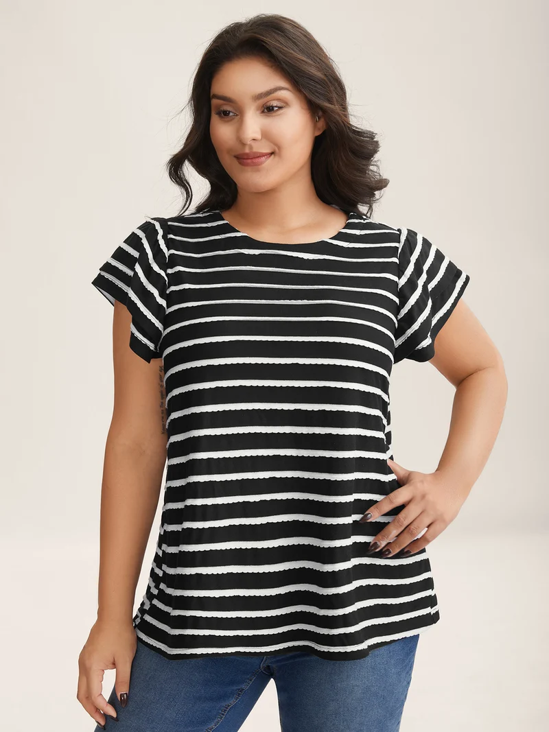 Stripe Textured Lotus Leaf Sleeve T-Shirt