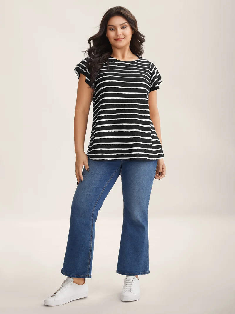 Stripe Textured Lotus Leaf Sleeve T-Shirt