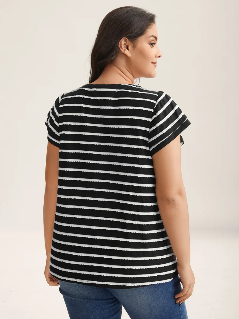 Stripe Textured Lotus Leaf Sleeve T-Shirt