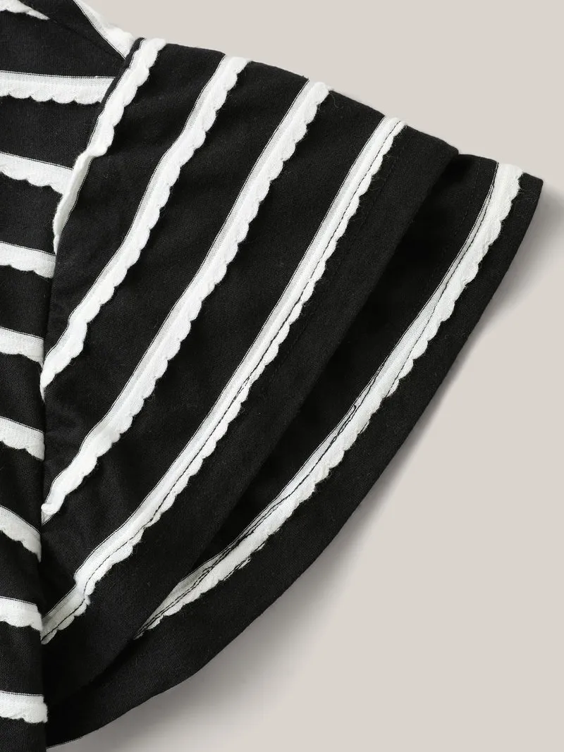 Stripe Textured Lotus Leaf Sleeve T-Shirt