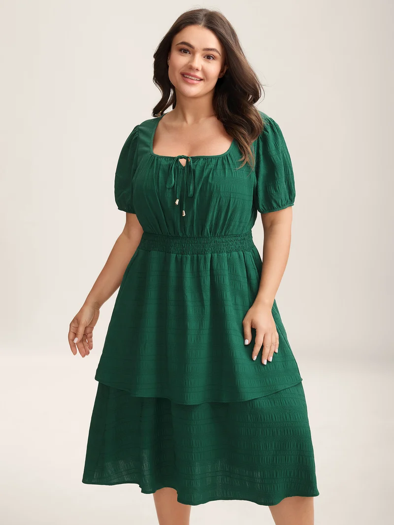 Neck Tie Textured Layered Hem Midi Dress
