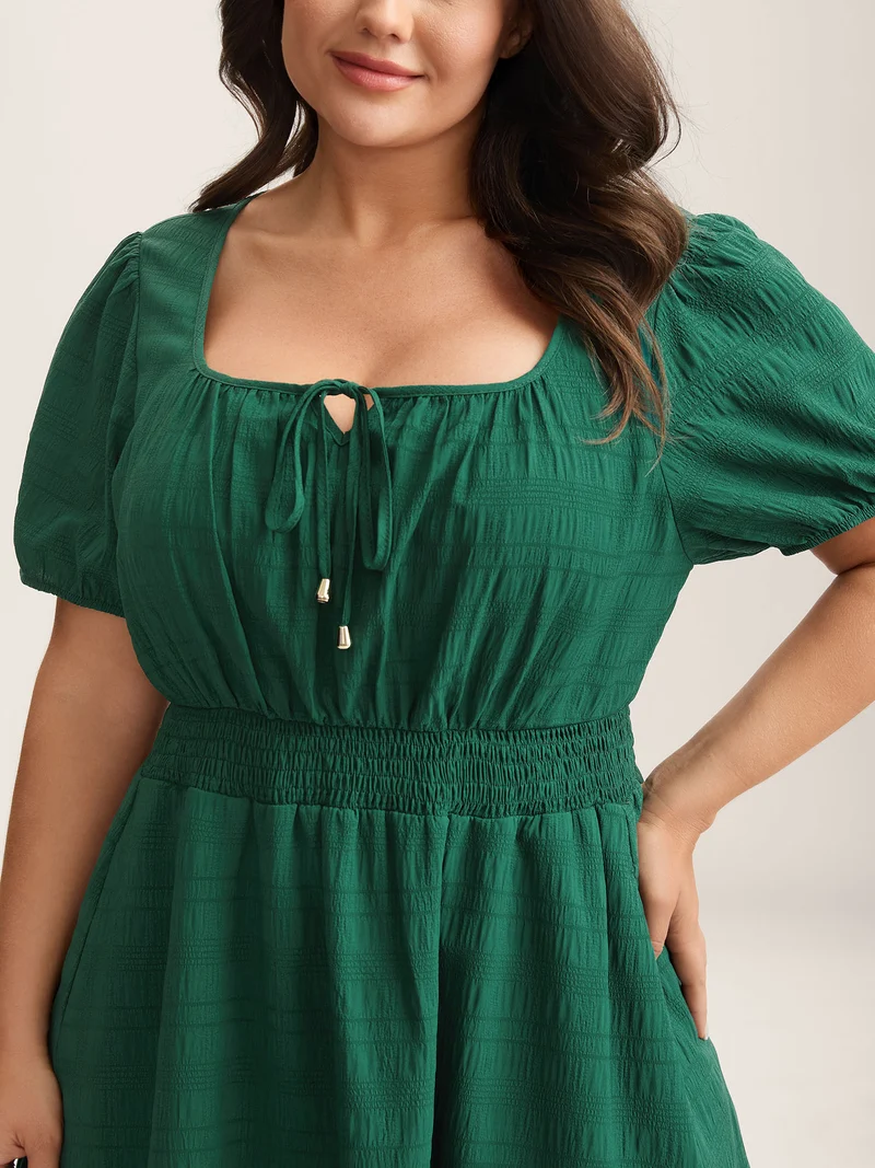 Neck Tie Textured Layered Hem Midi Dress