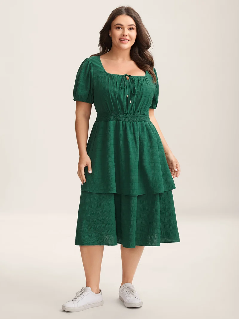 Neck Tie Textured Layered Hem Midi Dress