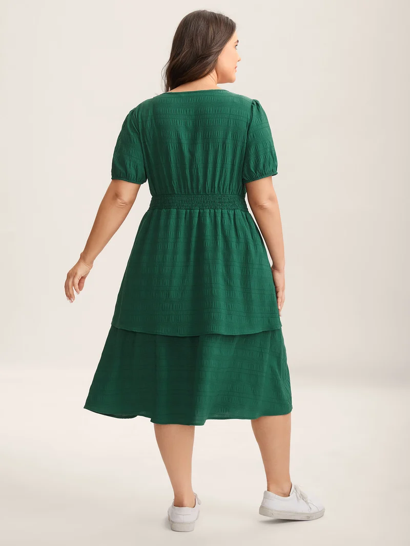 Neck Tie Textured Layered Hem Midi Dress